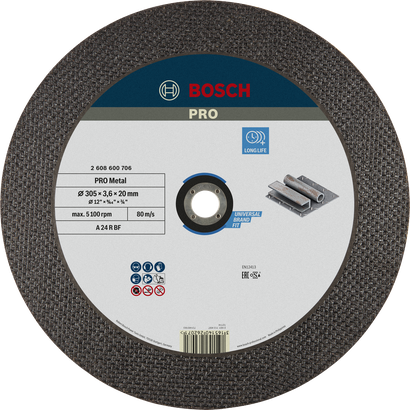 Disco de corte de metal Bosch PRO de 305 mm para un corte de metal de larga duración.