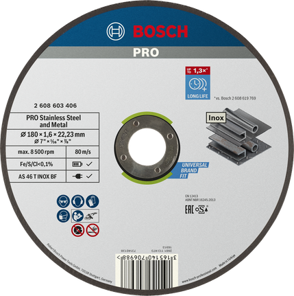 Disco de corte Bosch PRO para acero inoxidable y metal de 180 mm.