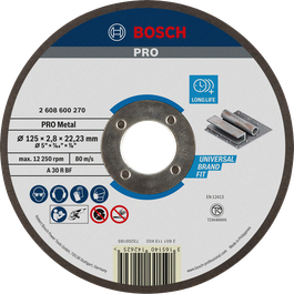 Disco de corte de metal Bosch PRO de 125 mm para una larga vida útil.