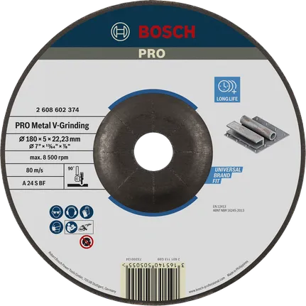 Disco abrasivo en V Bosch PRO Metal de 180 mm para trabajos en metal.