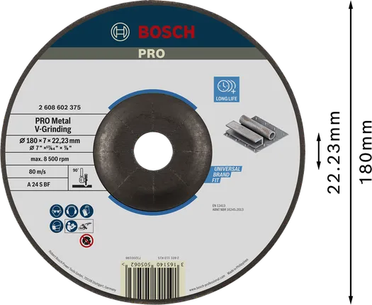 Disco abrasivo en V Bosch PRO Metal de 180 x 7 x 22,23 mm.
