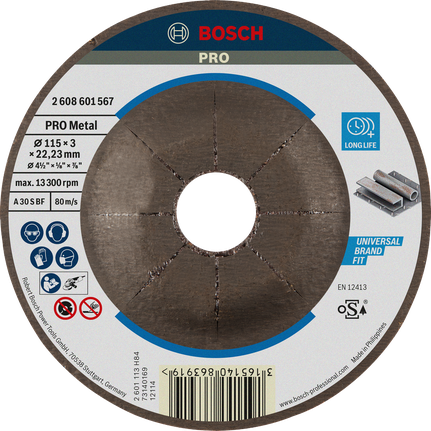 Disco de corte de metal Bosch PRO de 115 mm para un corte de metal de larga duración.