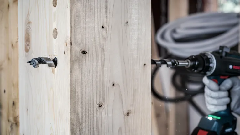 Una persona que usa equipo de seguridad utiliza un taladro eléctrico para perforar una viga de madera.