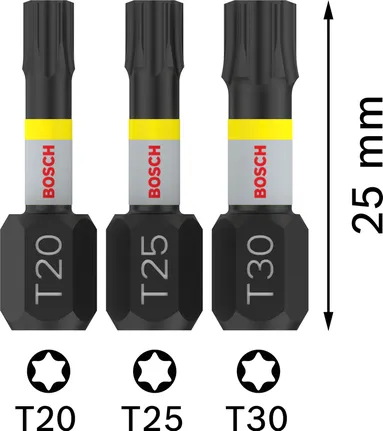 Juego de puntas de impacto Bosch PRO T T20 T25 T30 25 mm, 3 piezas.