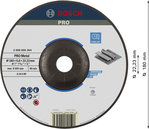 Disco abrasivo para metal Bosch PRO A 24 S BF 180x6,6x22,23 mm.
