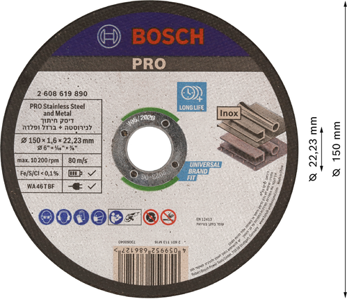 Disco de corte Bosch PRO para acero inoxidable y metal, 150 mm de diámetro.