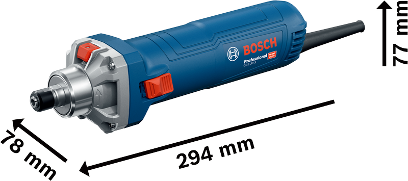 Amoladora recta Bosch GGS 30 S con dimensiones mostradas.