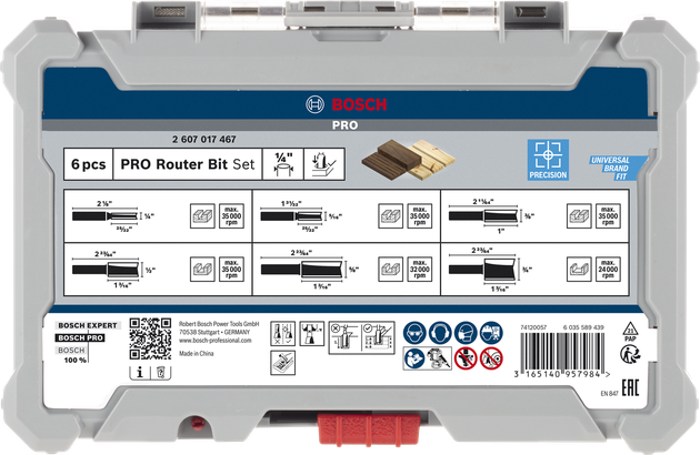 Juego de brocas para fresadora Bosch PRO, vástago recto de 1/4″, 6 piezas.