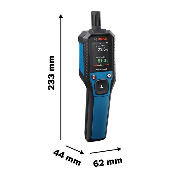 Termohigrómetro Bosch GDH 1-17 con dimensiones.