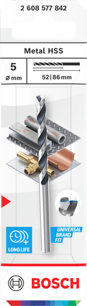 Broca helicoidal HSS para metal Bosch de 5 mm, 52×86 mm.