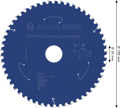 Hoja de sierra circular a batería Bosch EXPERT Aluminium, 54 dientes.