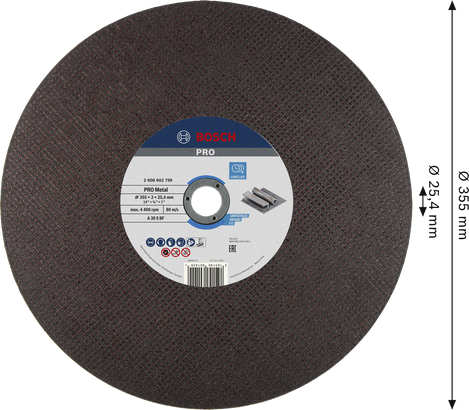 Disco de corte para metal Bosch PRO de 355 mm para trabajos en metal.