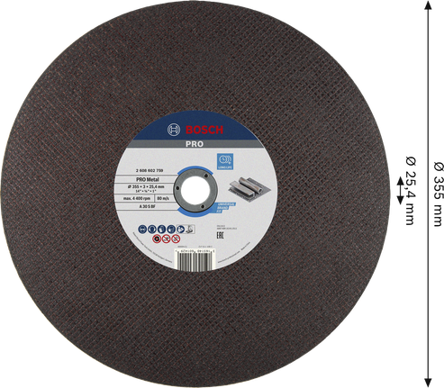Disco de corte para metal Bosch PRO de 355 mm para trabajos en metal.