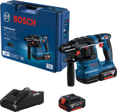 Taladro percutor rotativo Bosch GBH 185-LI con batería de 18 V y cargador.