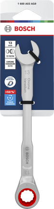 Llave combinada de trinquete Bosch de 13 mm al cromo vanadio.