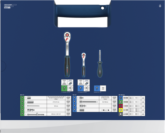 Juego de carraca Bosch 1/4" + 1/2" 80 piezas con accesorios.