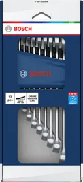 Juego de llaves combinadas Bosch de 12 piezas, de 6 a 19 mm, con un par de apriete del +50 %.