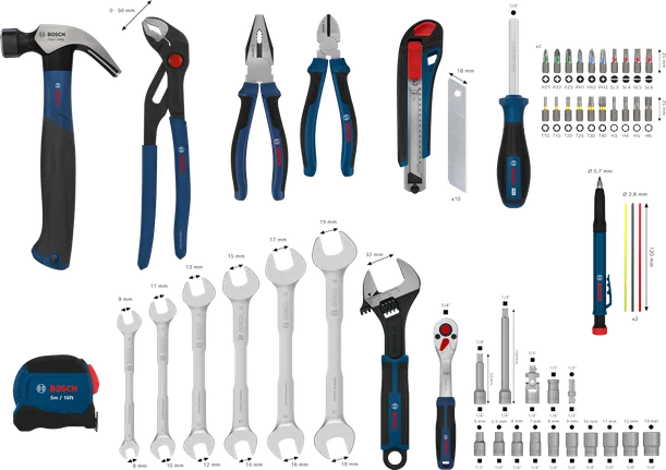 Juego mixto de herramientas manuales Bosch de 89 piezas para reparaciones versátiles.
