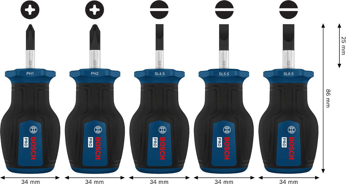 Juego de desatornilladores PRO Stubby PH/SL, 5 piezas