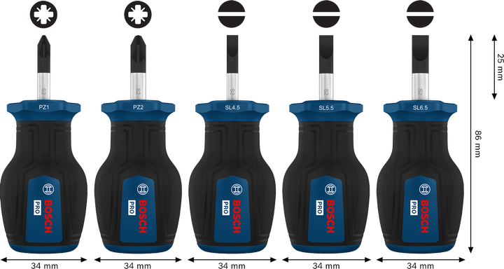 Desatornilladores PRO Stubby PZ/SL, 5 piezas