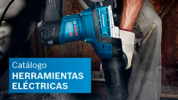 Un taladro Bosch Professional azul en mano, fondo oscuro con texto del catálogo.