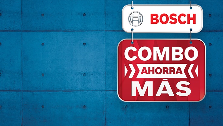 Cartel rojo de Bosch que dice "COMBO AHORRA MÁS" sobre fondo azul.