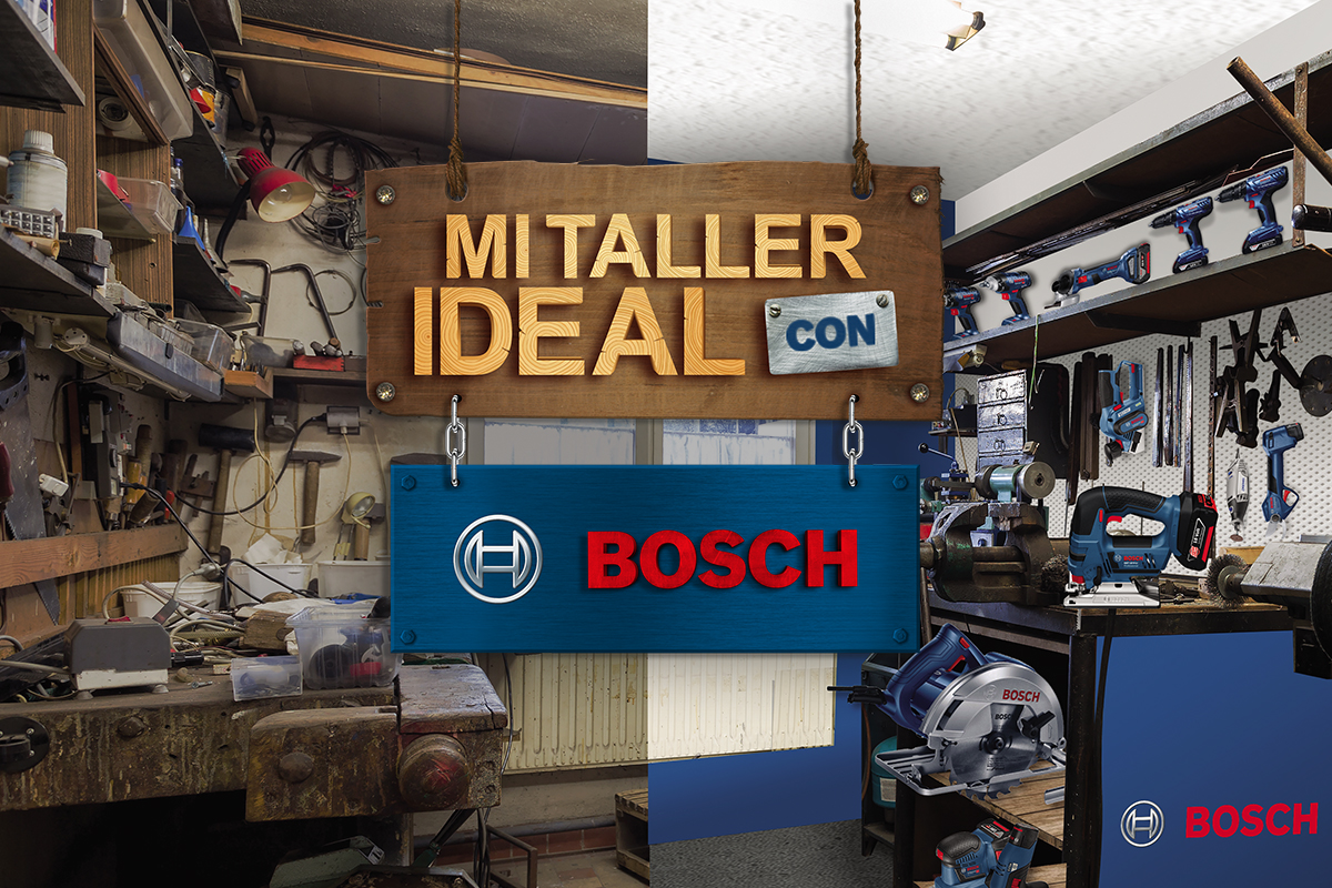 Taller con herramientas Bosch, madera, luz cálida y señalización en azul y rojo.