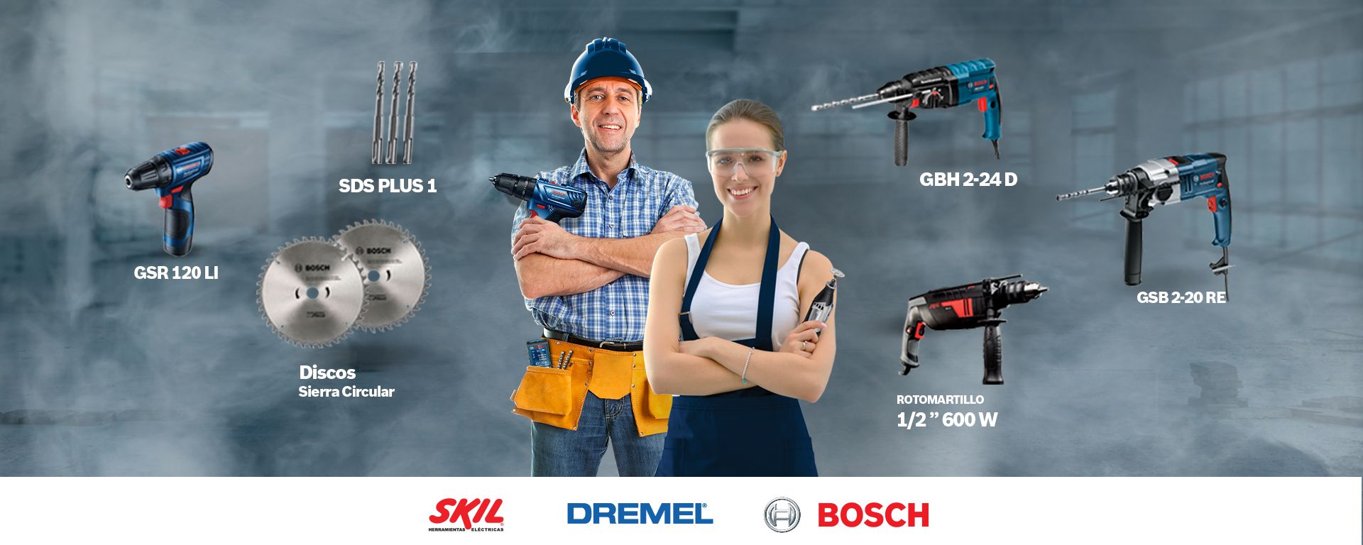 Hombre y mujer con herramientas Bosch en fondo gris, ambos sonrientes y listos para trabajar.