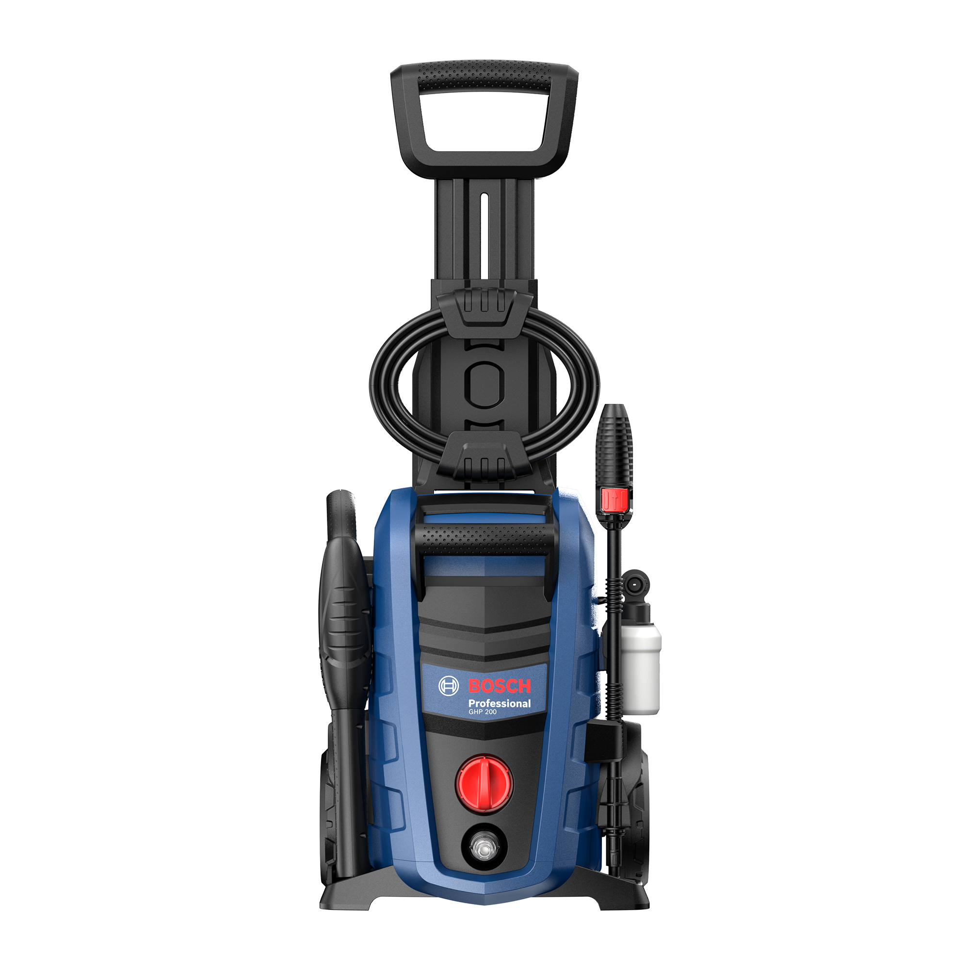 Limpiadora a presión Bosch Professional azul con manguera y accesorios.