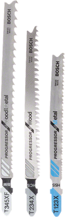 Bosch 3-piece T-Shank Progressor jigsaw blade set for wood and metal.