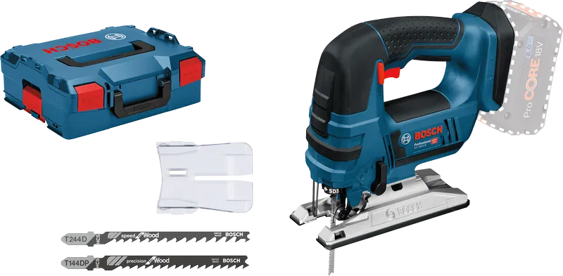 Bosch GST 18 V-LI B cordless jigsaw with case and blades.