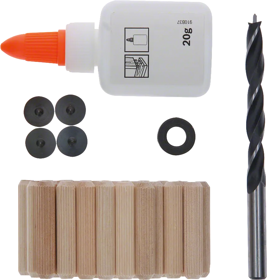 Bosch dowel kit with drill bit, glue and wood dowels.