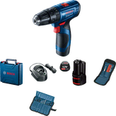 Bosch GSB 120-LI cordless drill set with accessories.