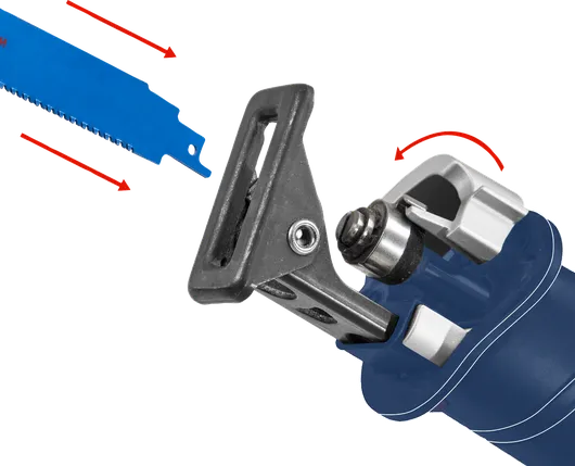 Reciprocating saw with detached blue blade positioned for installation.