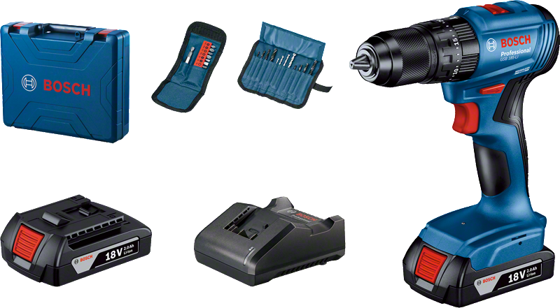 Bosch GSB 185-LI cordless drill set with 18V battery.