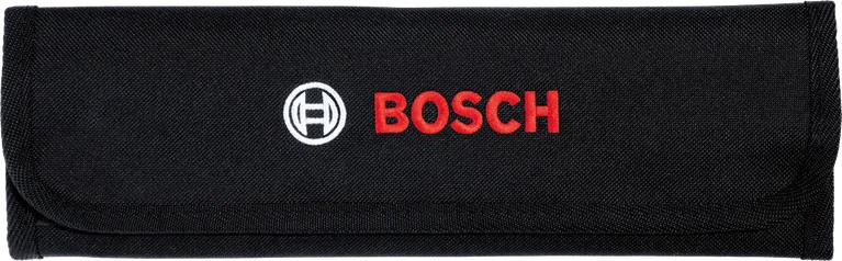 Bosch spanner set in closed black canvas bag.