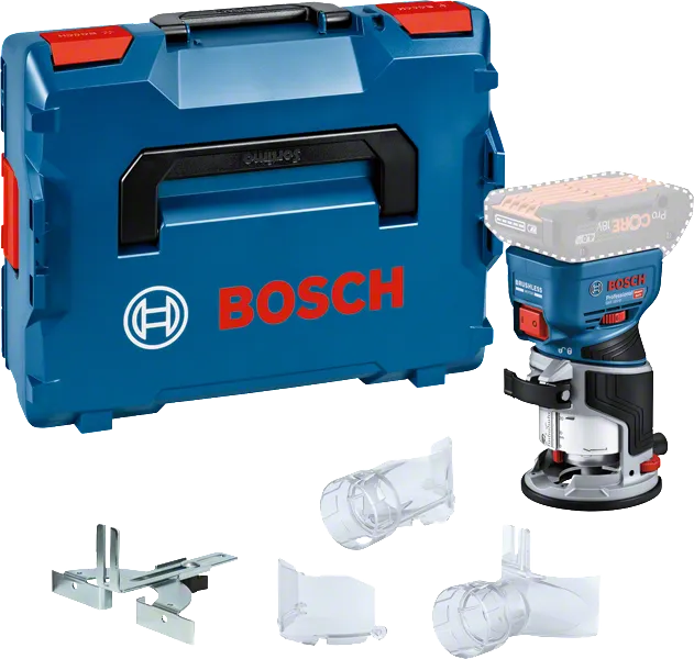 Bosch GKF 18V-8 cordless router with case and accessories.