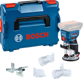 Bosch GKF 18V-8 cordless router with case and accessories.