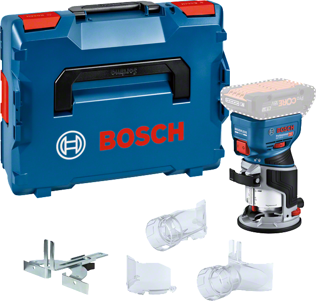 Bosch GKF 18V-8 cordless router with case and accessories.