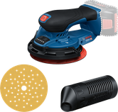 Bosch cordless random orbit sander GEX 18V-150 with dust filter.