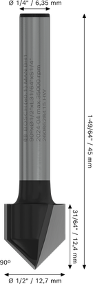 Bosch PRO Router Bit V-Groove 90 degree 1/2 inch diameter.
