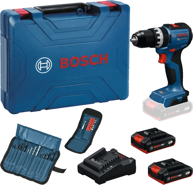 Bosch GSB 18V-52 cordless drill set with accessories.