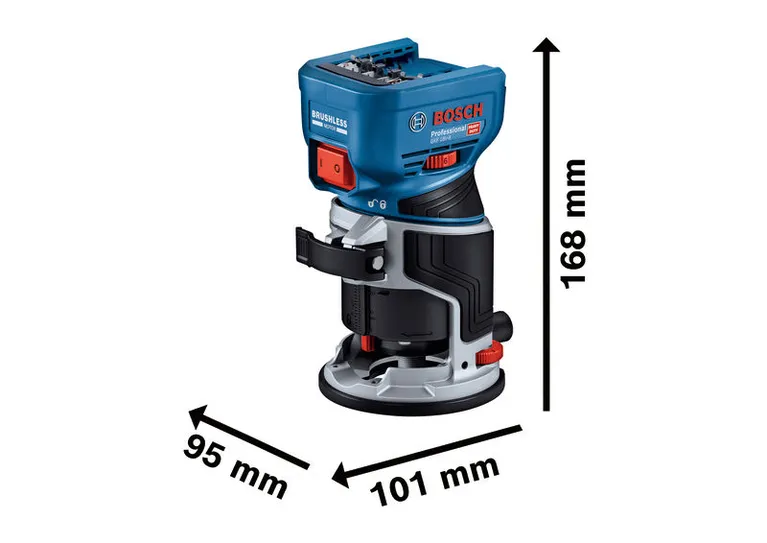 Bosch GKF 18V-8 cordless palm router with dimensions.