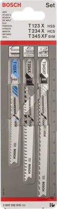 Conjunto de lâminas de serra tico-tico Bosch de 3 peças para madeira e metal.