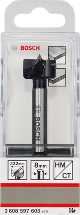 Broca para dobradiças com ponta de carboneto de tungsténio Bosch, com 22 mm de diâmetro, haste de 8 mm.