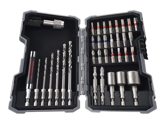 Conjunto de 43 brocas e pontas de chave de fendas Bosch em estojo.