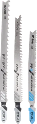 Conjunto de lâminas de serra tico-tico Bosch Progressor de haste T de 3 peças para madeira e metal.