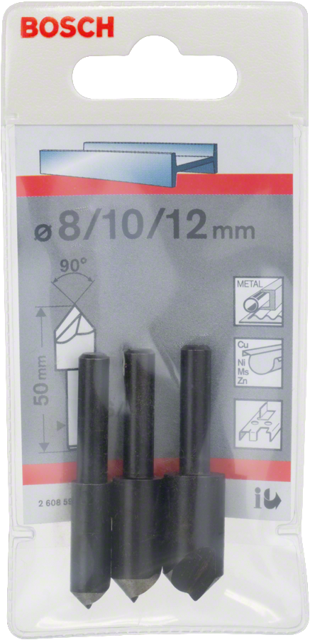 Conjunto de 3 brocas escareadoras Bosch de 8, 10 e 12 mm para metal.