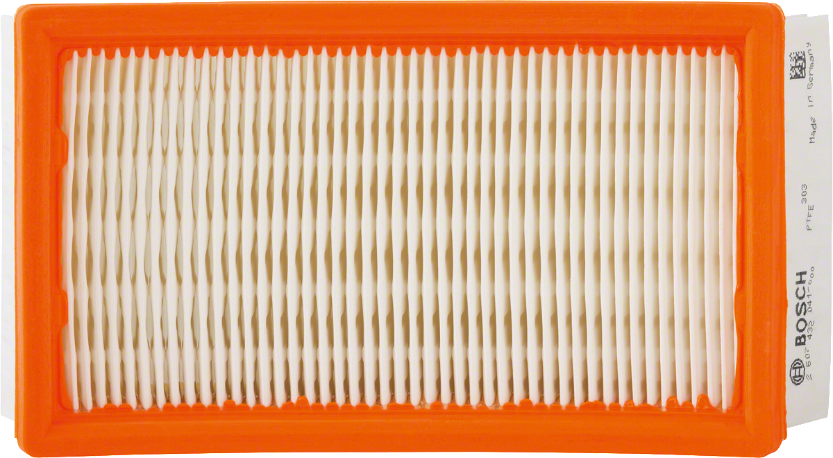 Filtro plano plissado em PTFE da Bosch com moldura laranja.