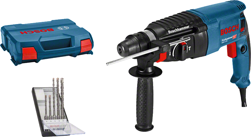 Conjunto de berbequim de martelo rotativo Bosch GBH 2-26 com brocas e estojo.